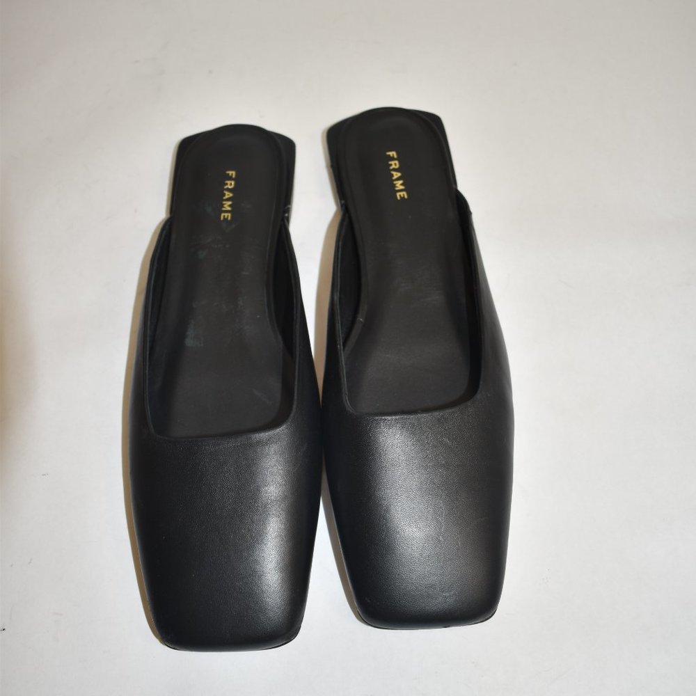 FRAME LE TOWN SQUARE-TOE LEATHER MULES BLACK LEATHER SLIDE SHOES 39.5 - Picture 2 of 7
